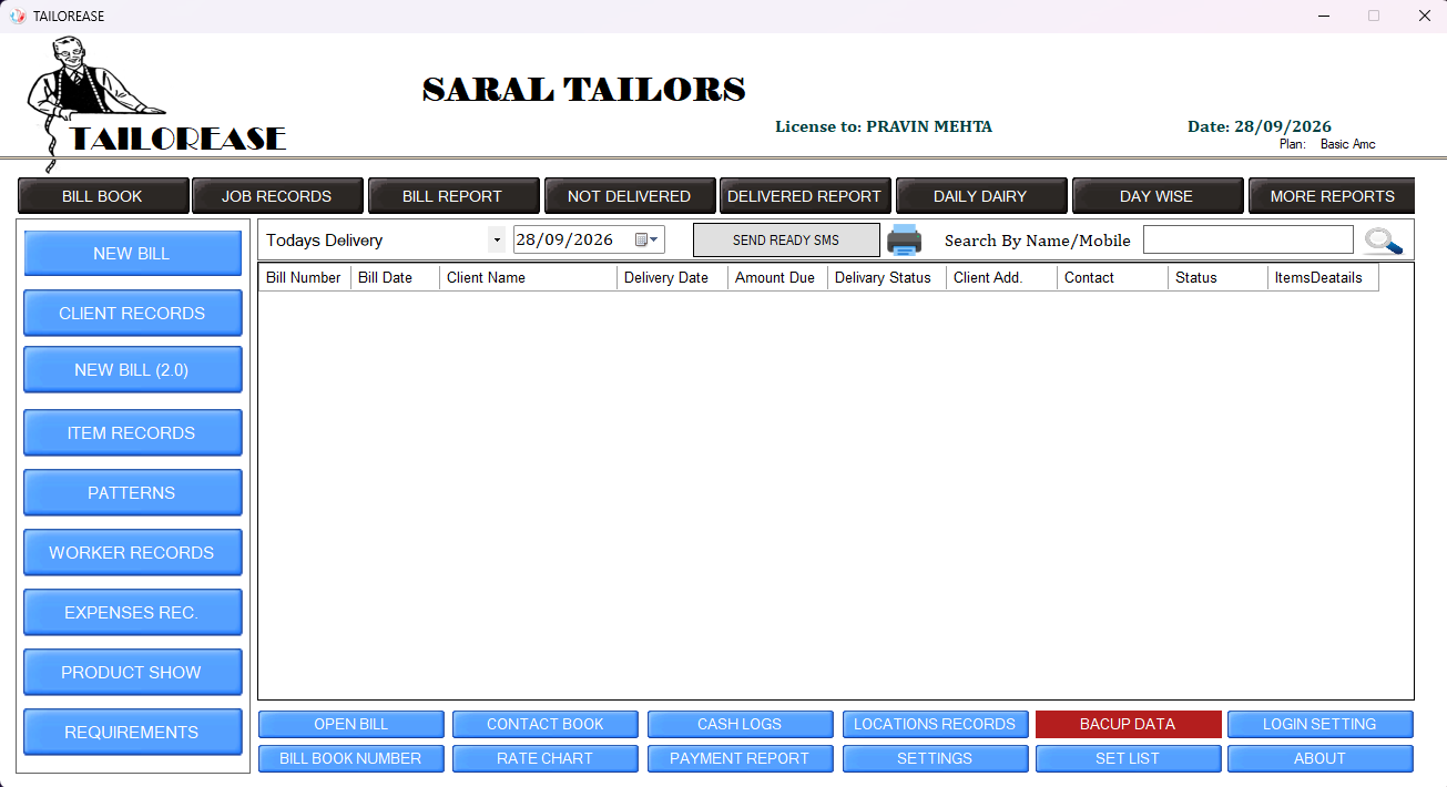 Saral Tailor desktop software dashboard showing today's deliveries, bill book, job records and reports